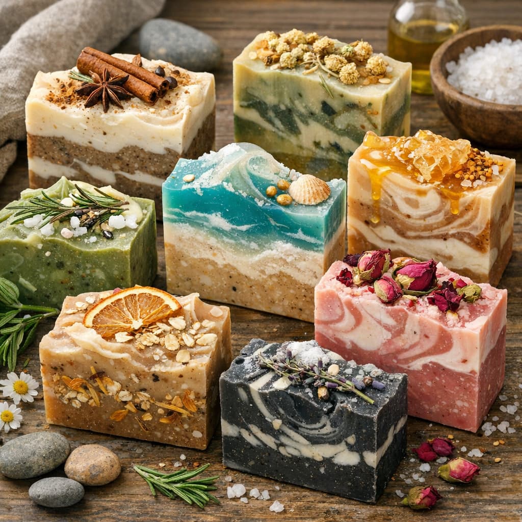 Beautifully crafted handmade soaps with unique designs, featuring natural oils, herbs, and essential oils. The soaps display an artisanal and luxurious appearance.
