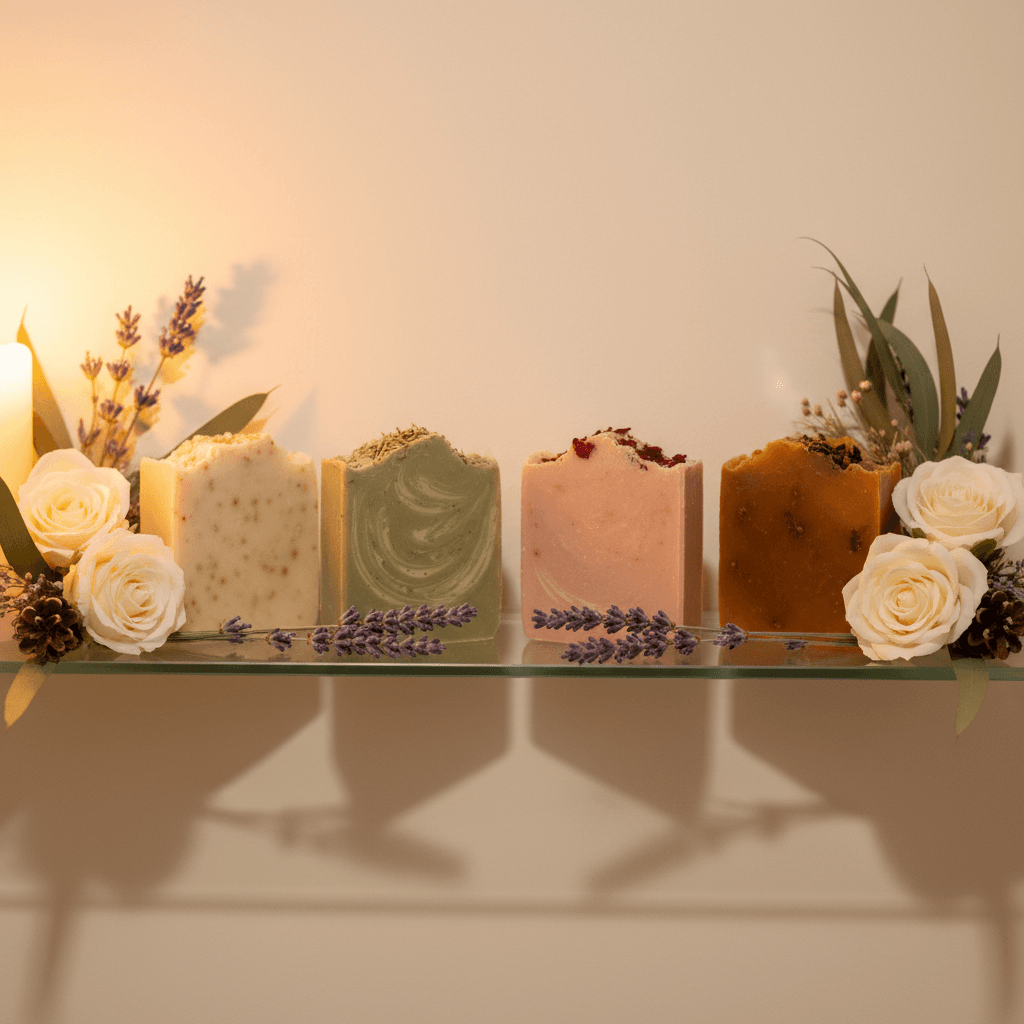 Soap display on shelf with soft warm lighting