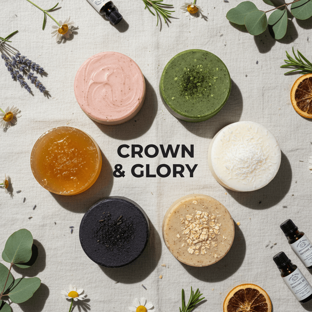 Collection of six different scent variations of Crown&Glory soaps arranged on natural linen