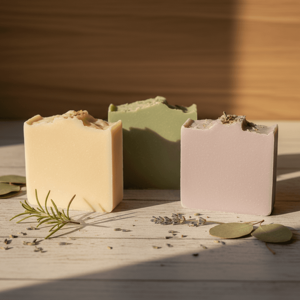 Three handcrafted soap bars in natural colors