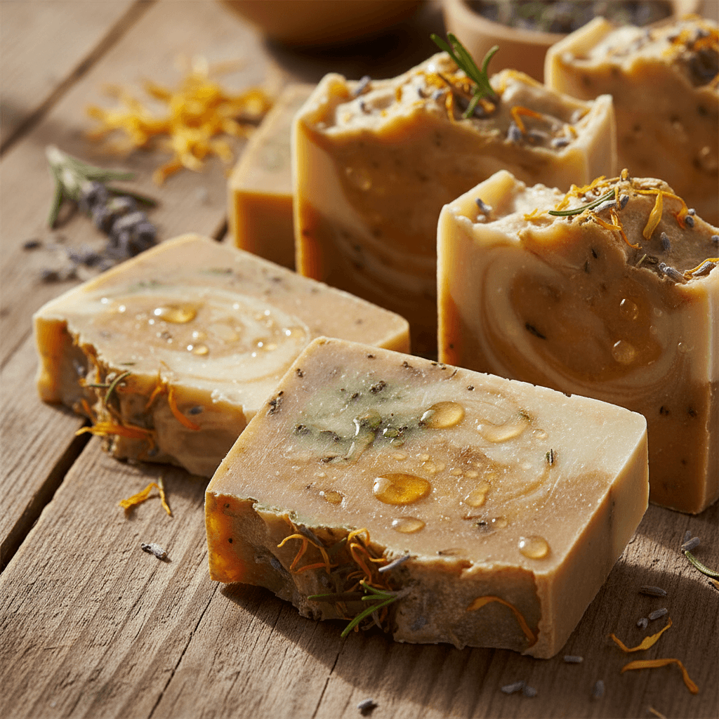Natural soap bars with visible herbs and plant ingredients