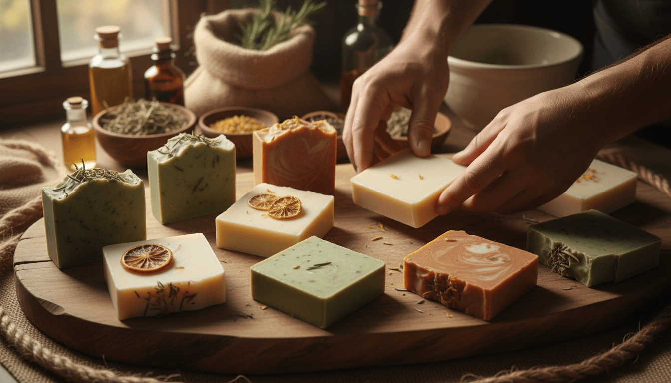 Handcrafted soap bars arranged on wood with natural ingredients and morning light