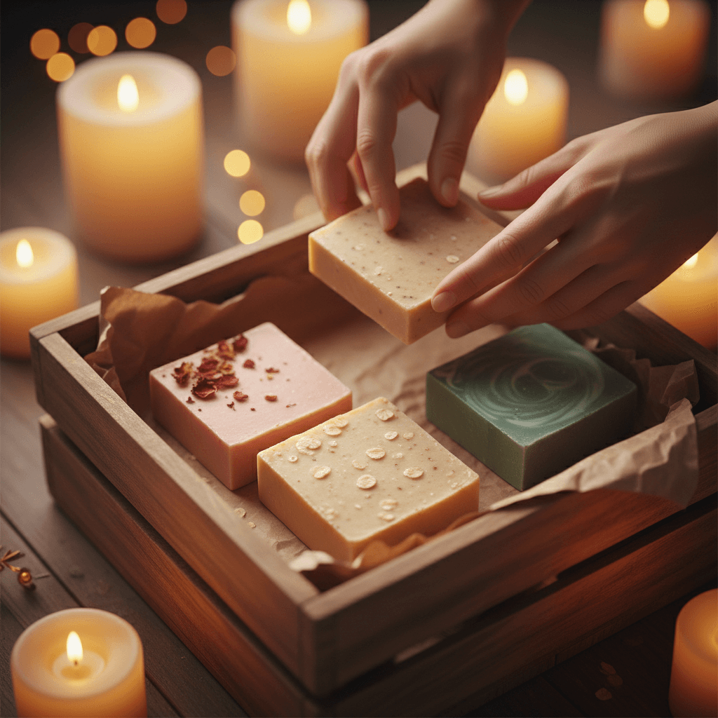 Hands arranging natural handcrafted soaps in wooden crate