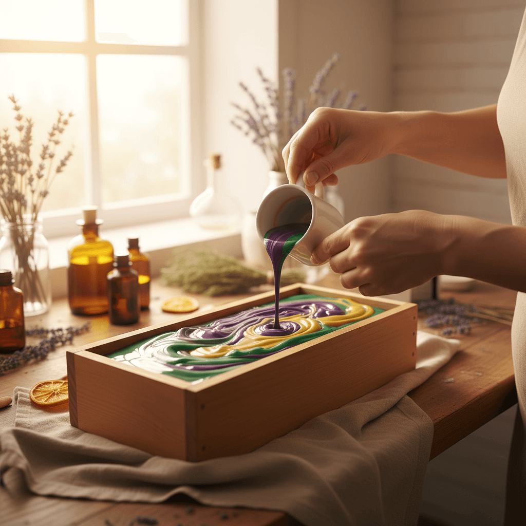 Pouring liquid soap mixture into molds for setting