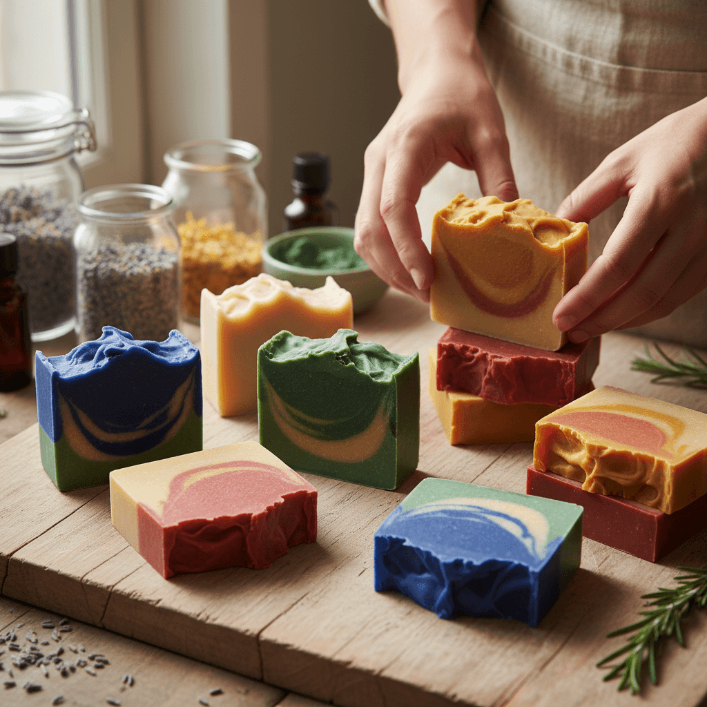 Handcrafted soap bars curing on a wooden drying rack
