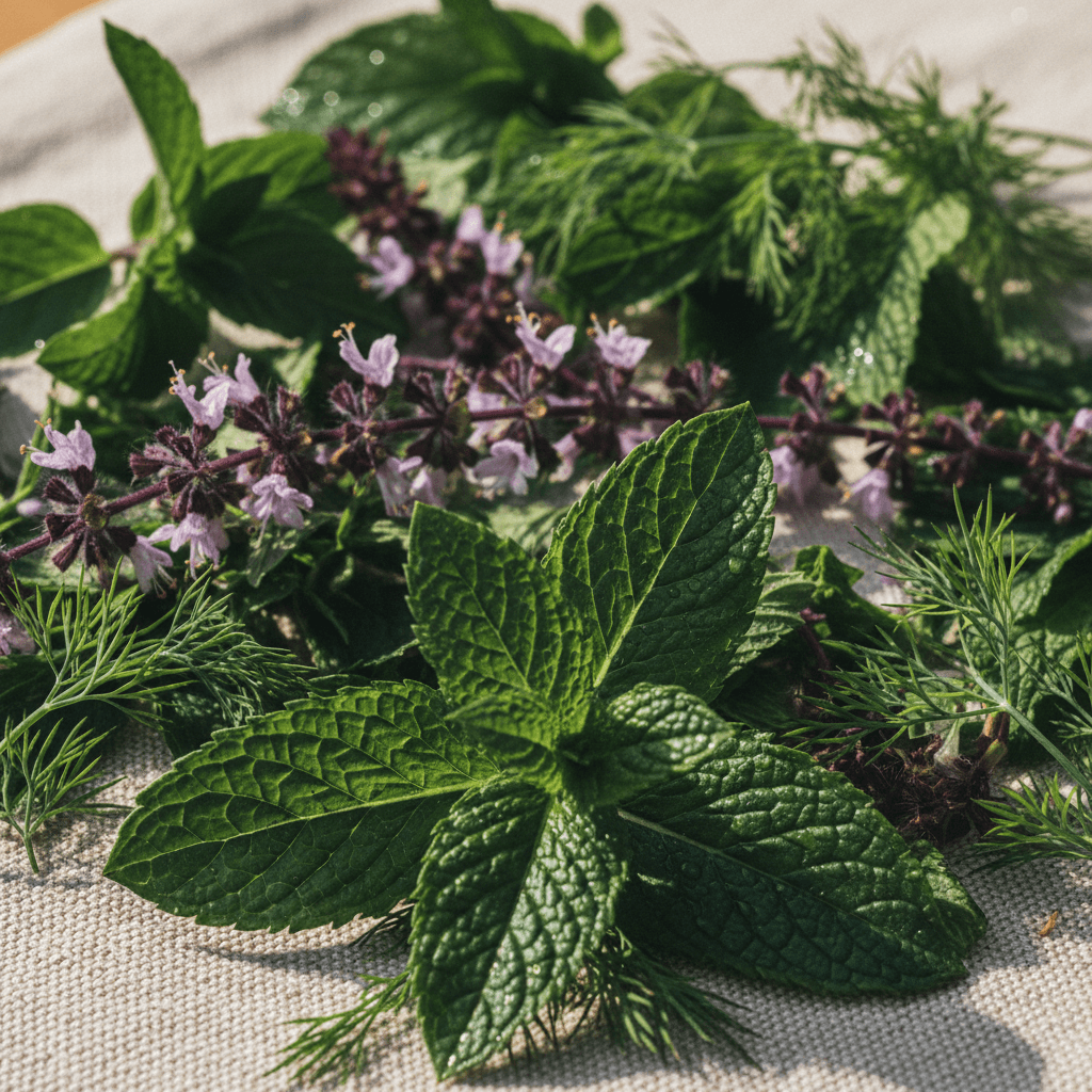 Fresh herbs and botanicals arranged on linen