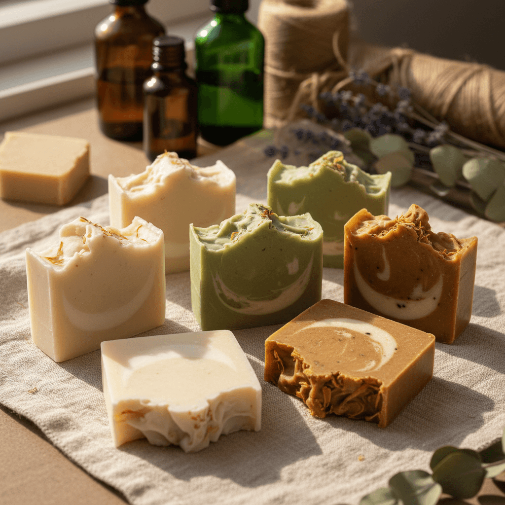 Three handcrafted soaps displaying different ingredients