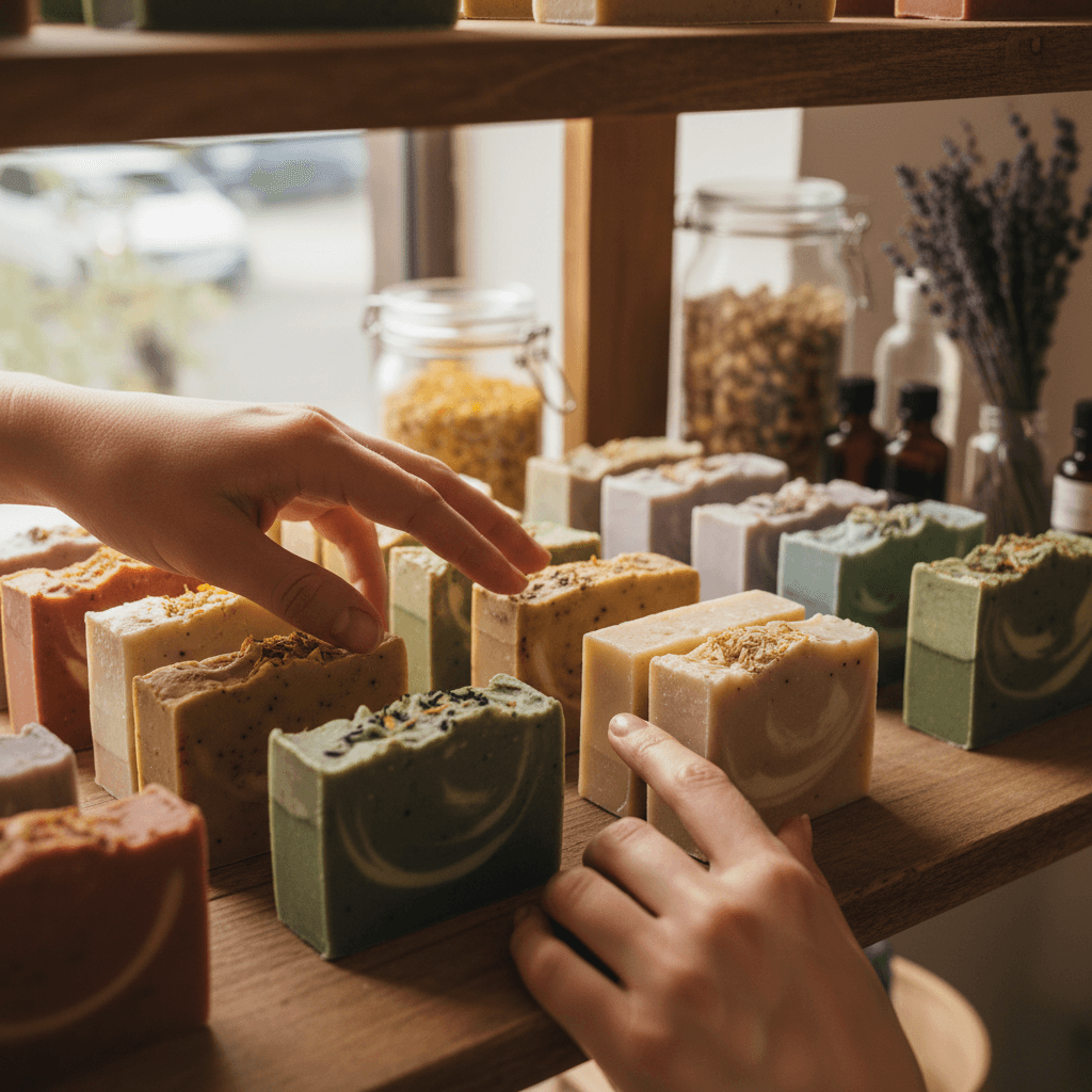 Finished Crown&Glory soap bars arranged by color and variety