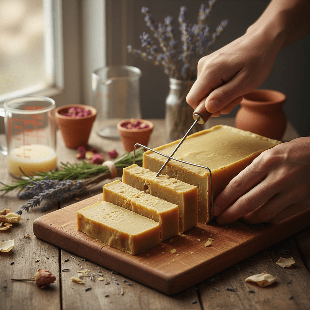 Artisan hands carefully cutting fresh handmade soap bars on a wooden surface